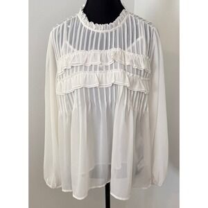 Velvet by Graham & Spencer White Ruffle Pintuck Sheer Blouse with Cami Medium